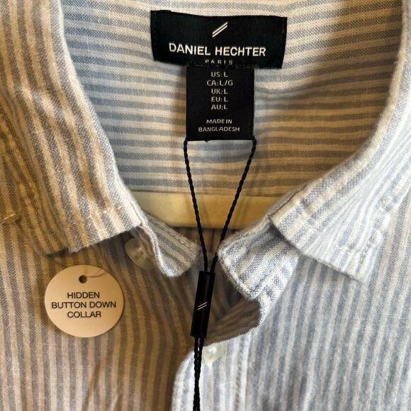 NEW Daniel Hechter Paris linen blend blue white striped button down shirt size L - Picture 2 of 6